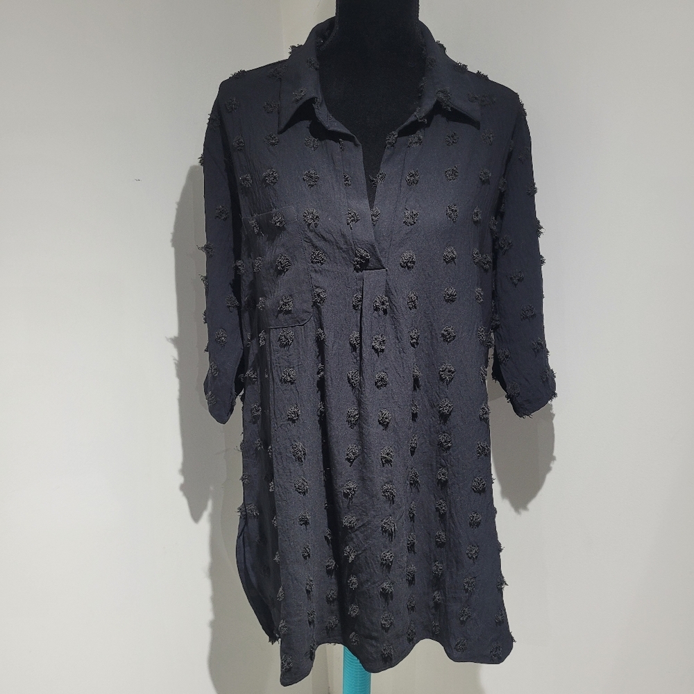 Swiss Dot Women's Collared Oversized Shirt Dress Large Black Textured Whimsigoth